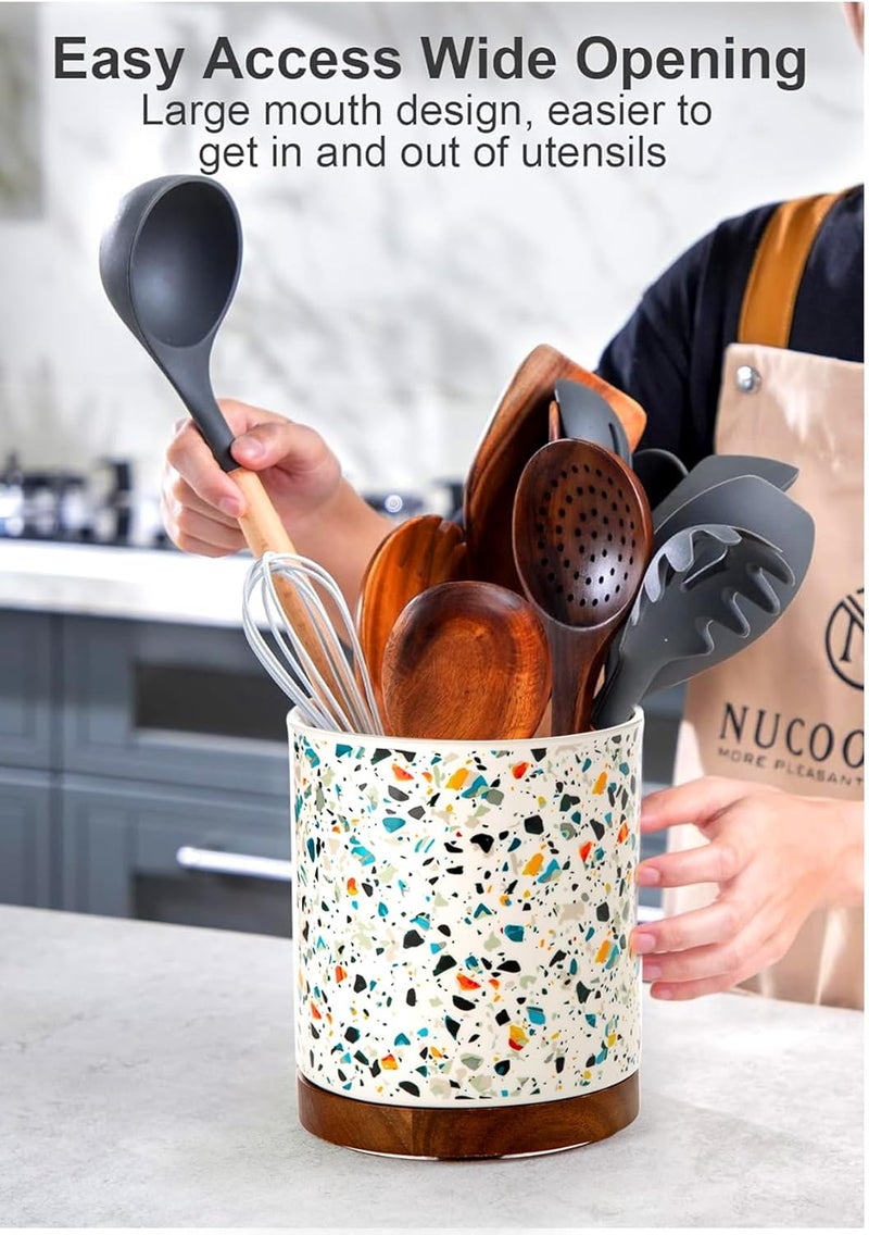 Nucookery 360°Rotating Utensil Holder, 7.2" Kitchen Utensil Crock, Ceramic Cooking Utensil Organizer with Countertop-Protection Cork Bottom for Farmhouse Kitchen Decor Christmas (Marble Pattern) - Image 4